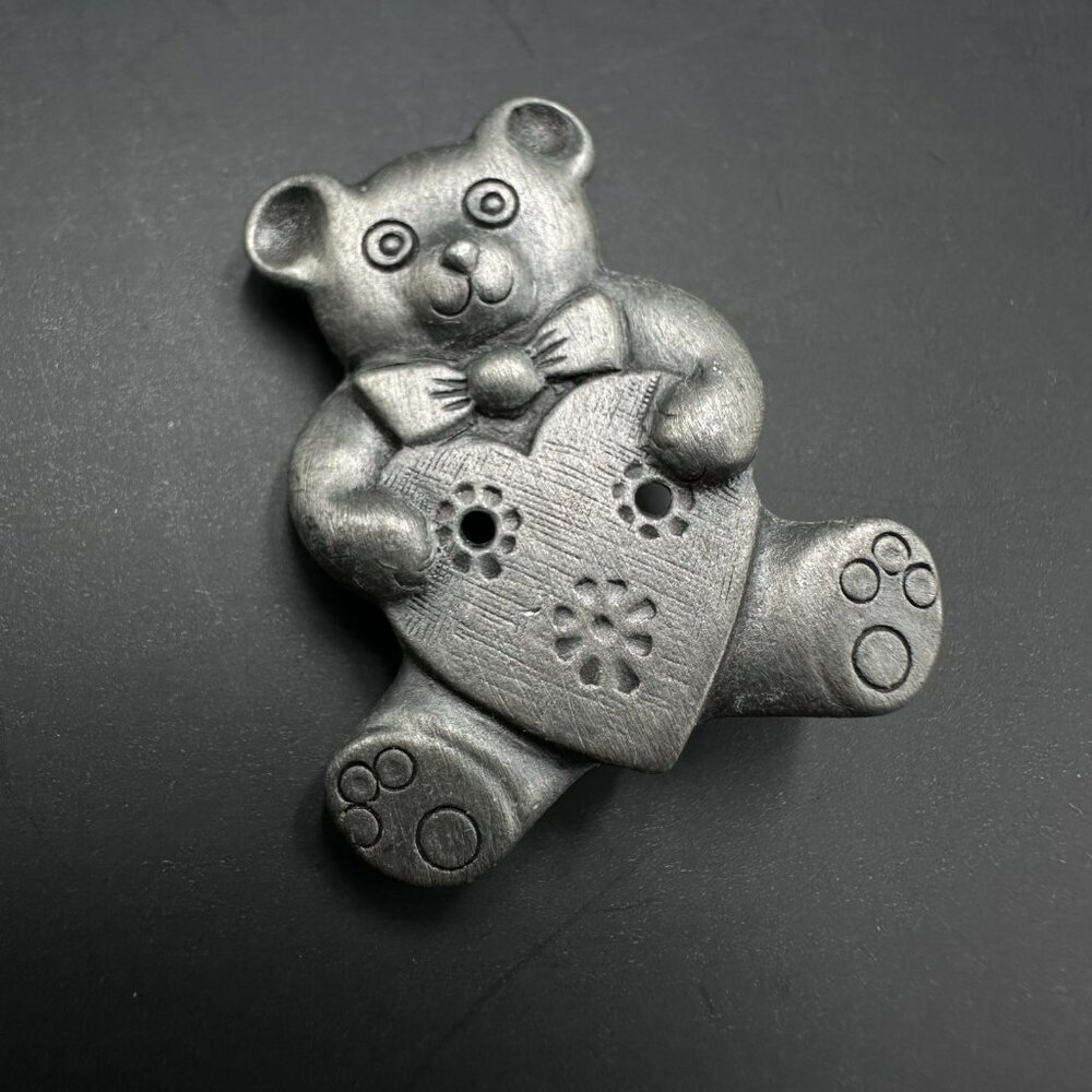 Vintage Pewter Teddy Bear Brooch Figural Textured Heart Bowtie Pin